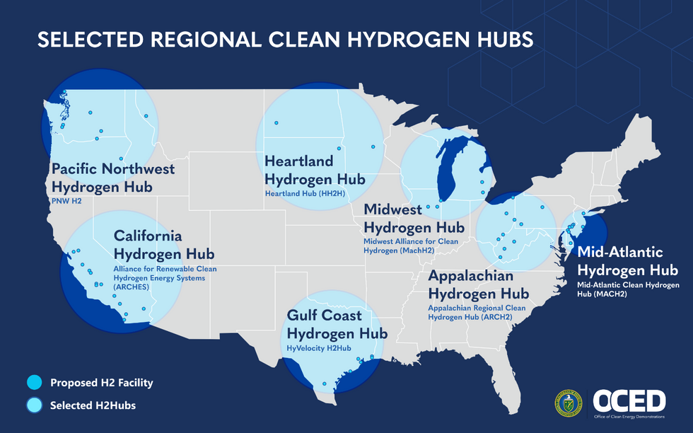 map of proposed US hydrogen hubs